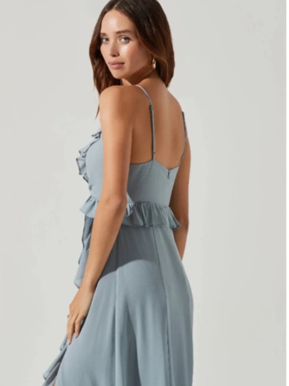 NWT ASTR The Label Adoria Ruffle Side Slit Maxi Dress Gown Dusty Blue - Picture 3 of 10